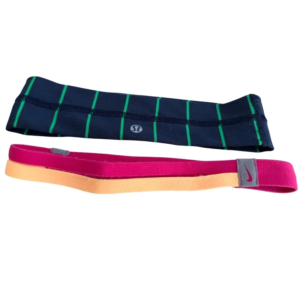 Lululemon Nike Sport Headband Lot Navy Green Striped Pink Orange 2 Piece Set OS